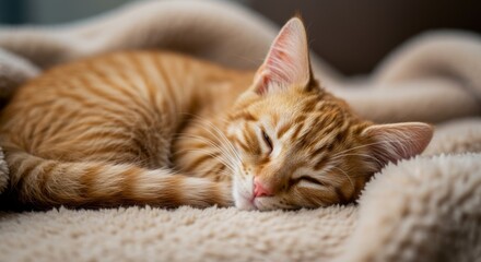 Adorable Orange Tabby Kitten Sleeping Comfortably on a Soft Blanket