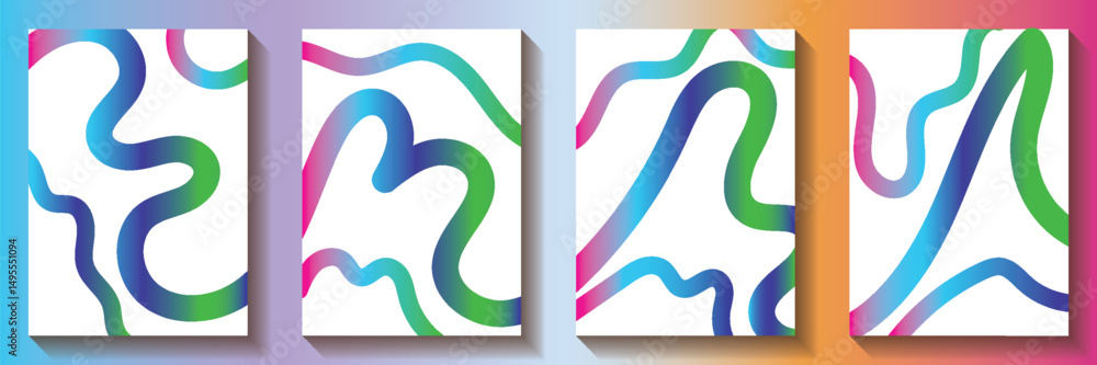 Poster posters with rainbow colored gradient lines. abstract dynamic colorful 3d shapes on white background