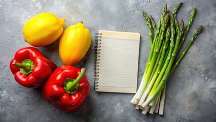 A blank notepad rests among vibrant red bell peppers, sunny yellow lemons, and a bunch of fresh green asparagus, perfect for healthy recipe planning or grocery list writing.