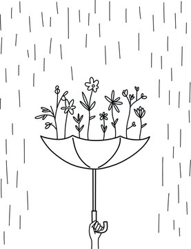 Umbrella with Flowers in Rain Vector Illustration - Hand Drawn Concept of Hope and Growth in Minimal Doodle Style