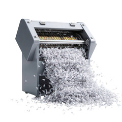 A gray paper shredder with shredded paper coming out against a black studio background image view