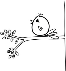 Cute Singing Bird on Tree Branch - Minimal Line Drawing with Heart Eye