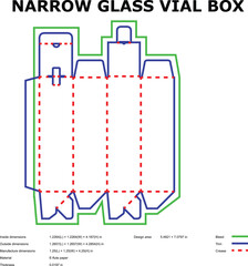 Detailed vector template layout of a narrow glass vial box with dimensions and design area