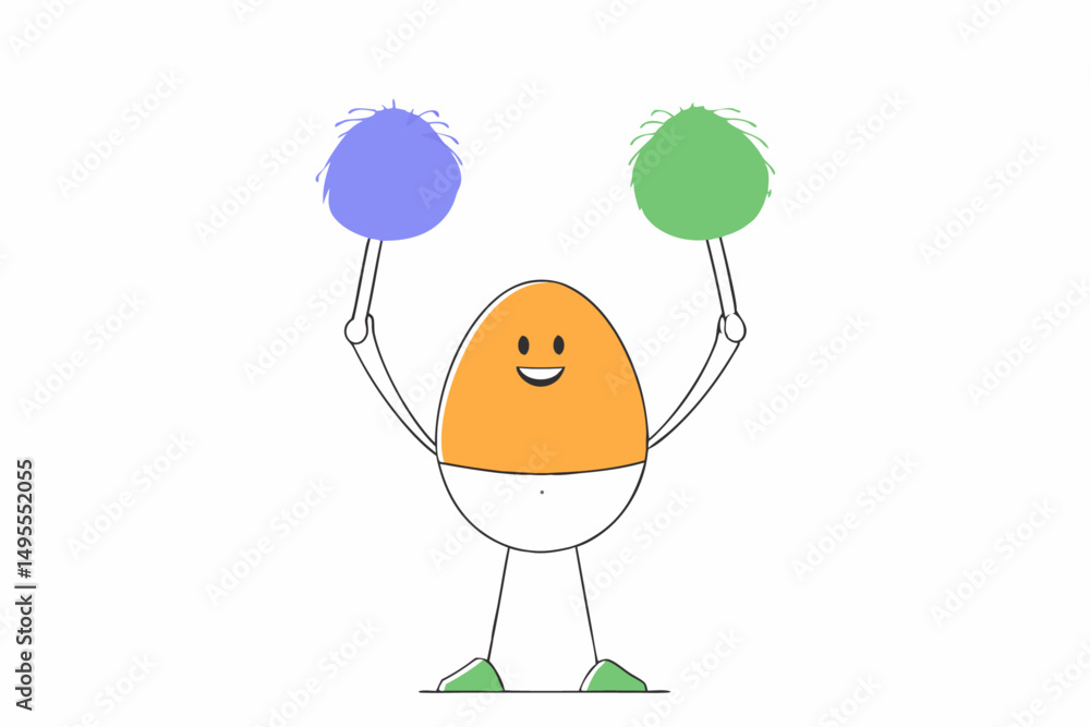 Poster an animated egg character grasping two vibrant objects in a playful manner