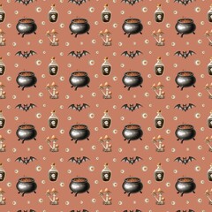 Decorative Halloween pattern featuring cauldrons, bats, and potion bottles in warm colors for festive celebrations