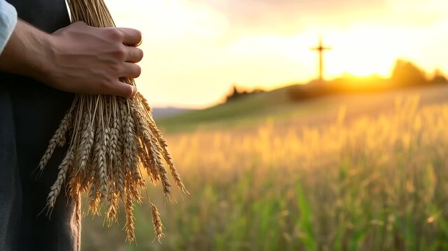 Person in robe holds bundle of wheat close to chest, soft focus background of open field and distant cross on hill