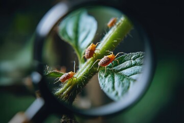 Close-up of lice or mites on tomato plant under magnifier