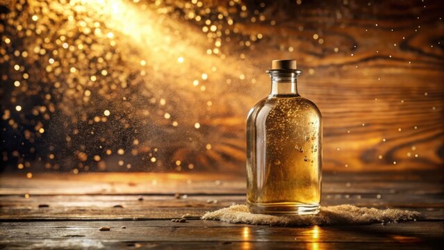 A shimmering golden elixir rests on rustic wood, bathed in magical light and sparkling dust