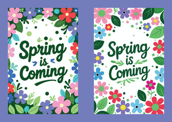 Naklejka premium Spring Is Coming Vector Card Design With Floral Frame Elements