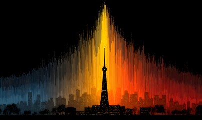 Obraz premium Abstract Cityscape at Night with Tower and Colorful Streaks