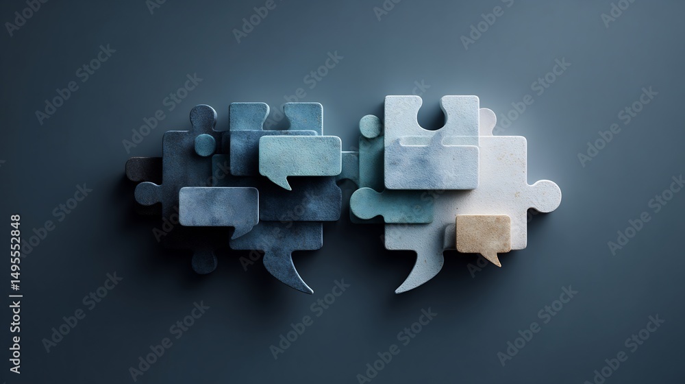 Poster conceptual image showcasing communication through puzzle pieces and speech bubbles