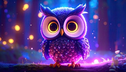 Adorable Glowing Owl in Violet Neon Forest