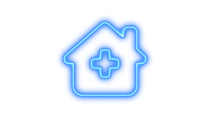 Fototapeta premium Neon house icon with medical cross, symbolizing healthcare at home, Neon house chimney medical icon glow with transparent background
