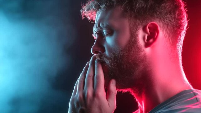 Side profile of man clutching his throat in distress, transparent medical layer shows inflamed tonsils, concept of tonsillitis
