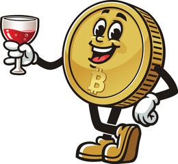 Bitcoin character cartoon holding a glass of drink