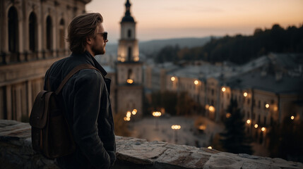 Man with Backpack Gazing at Scenic European Town