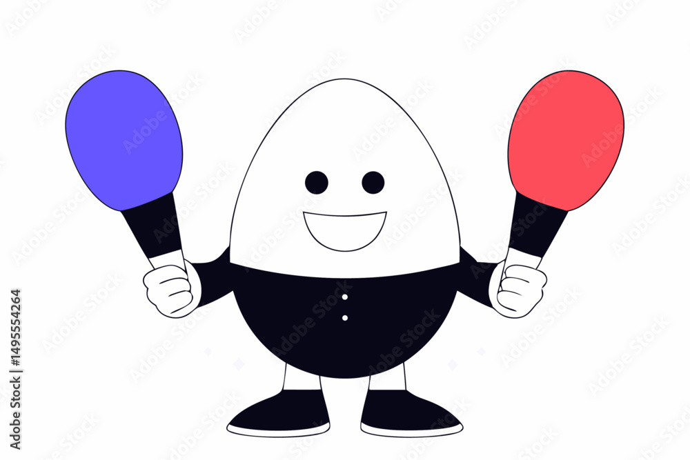 Poster a whimsical cartoon egg character proudly displaying two colorful objects