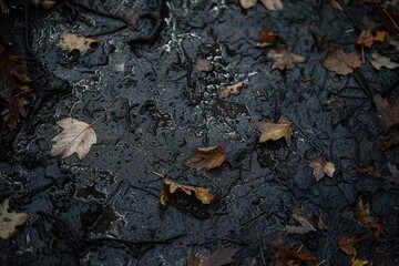 Dark Forest Path with Autumn Leaves and Wet Ground Varient 1