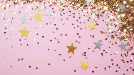 Sparkling Gold and Silver Star-Shaped Confetti on Pink Background for Festive New Year Celebration