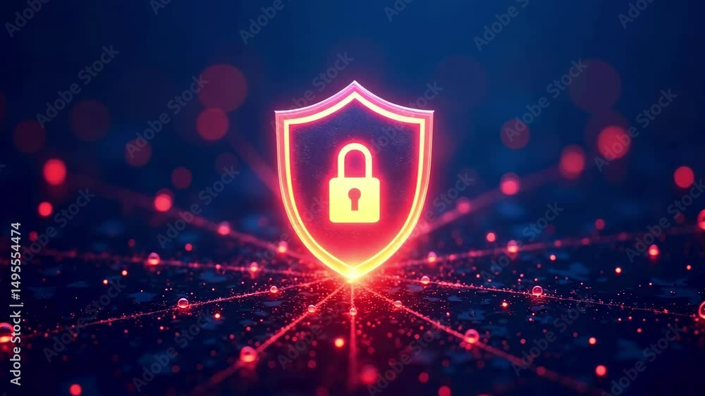 Poster digital shield symbolizing cybersecurity with a padlock, surrounded by glowing network connections
