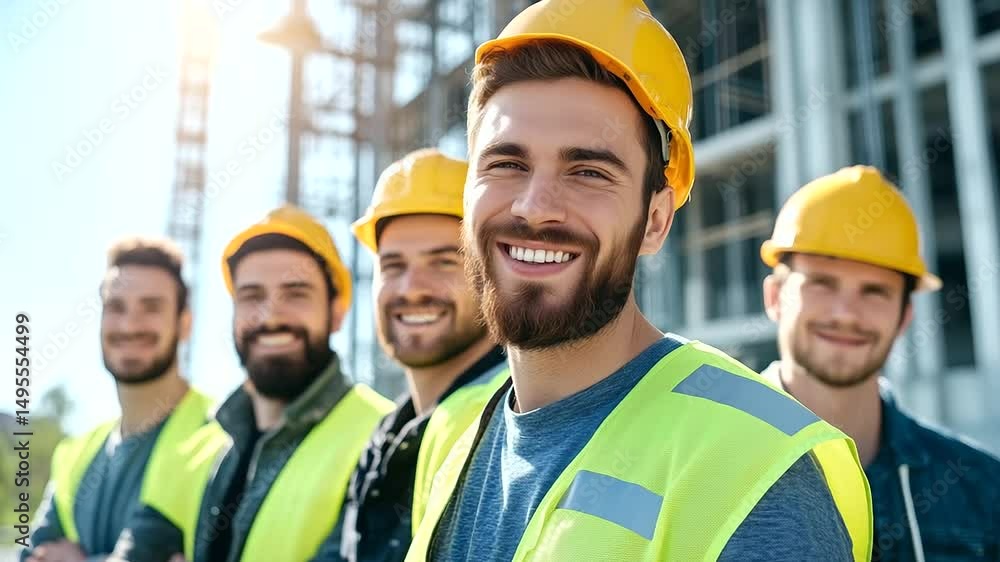 Poster smiling construction crew in reflective vests pose for a team photo in front of a rising steel frame