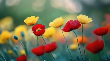 Fototapeta premium Stunning Red and Yellow Flowers in Summer Blurred Background