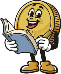 Bitcoin character cartoon holding a book