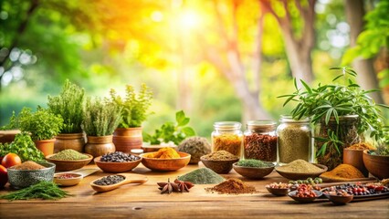 Aromatic Herbs and Spices Arranged on Wooden Table in Sunny Garden Setting