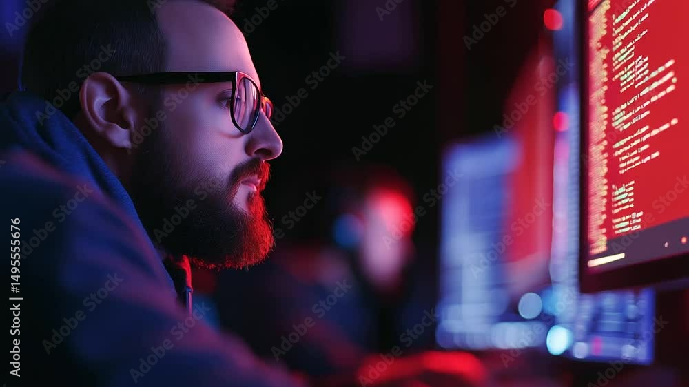Poster tech team working under soft led lights, intense focus as system breaches get flagged in live dashbo