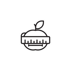 A clean black outline icon featuring an apple with a leaf, encircled by a measuring tape, on a white background. It symbolizes nutrition or health metrics.
