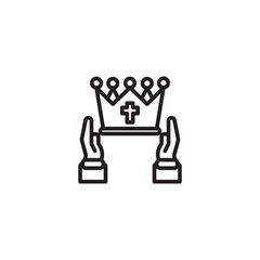 A minimalist black outline icon showing two hands holding up a crown adorned with a cross, set against a plain white background. It symbolizes royalty, achievement, or self-worth.