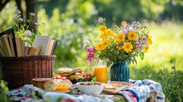 Summer Garden Relaxation with Flowers, Breakfast, and Books in Nature
