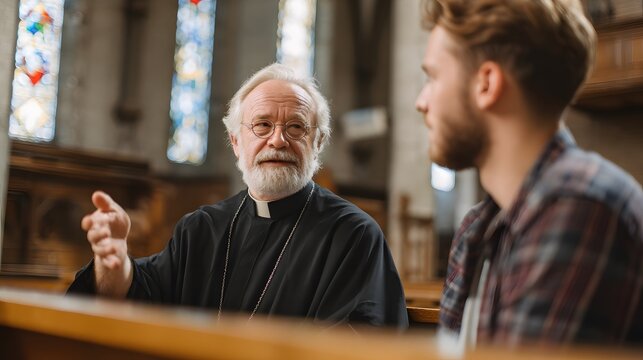 Priest giving advice in church to young man seeking guidance and spiritual help from religion leader