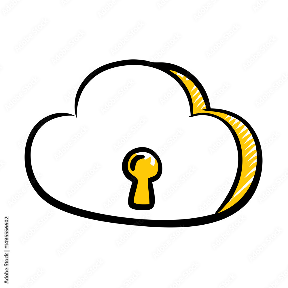 Poster a doodle-style illustration of a cloud with a padlock in front. use for cloud security blogs, data p