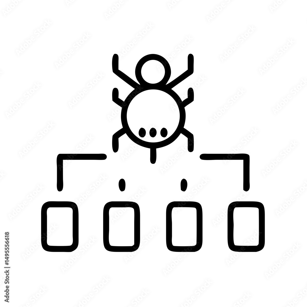 Poster icon showing a bug spreading to multiple devices, suitable for websites or blogs discussing malware,