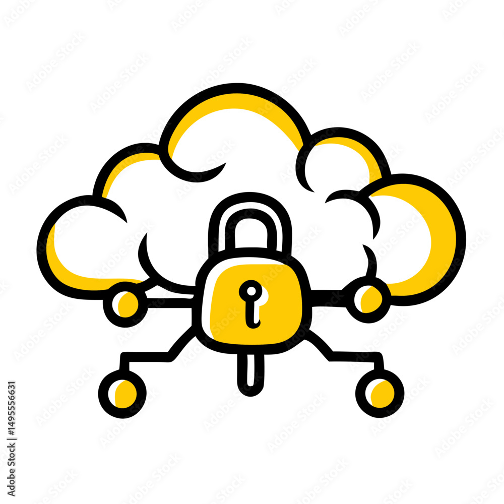 Poster hand-drawn cloud with a padlock and connecting nodes, symbolizing secure cloud computing, suitable f