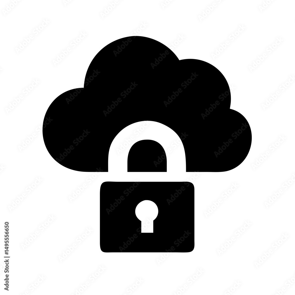 Poster black silhouette icon of a cloud with a padlock in front. useful for cloud security blogs, data prot