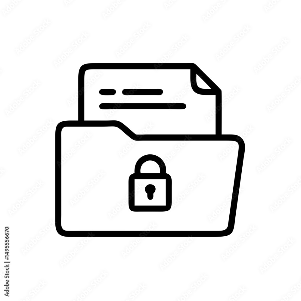 Poster black outline icon of a folder with a document inside and a padlock on the front. useful for data se