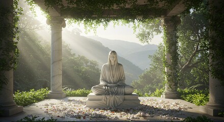 Serene marble statue of a woman meditating in a tranquil garden with soft sunlight and mountain vista