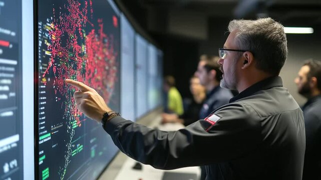 Tense atmosphere in security operations center, key team member points at red-alert screen during emergency simulation