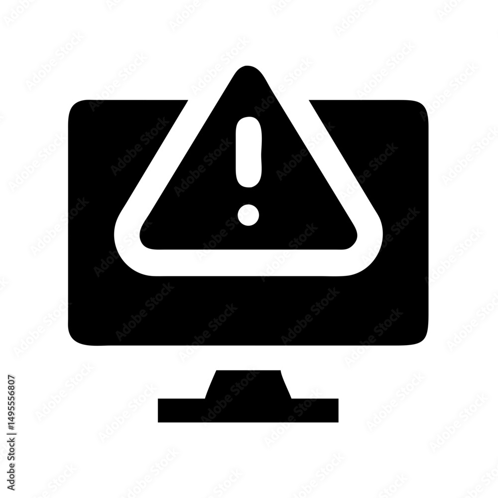 Poster black icon of a computer monitor displaying a warning triangle with an exclamation mark. useful for 