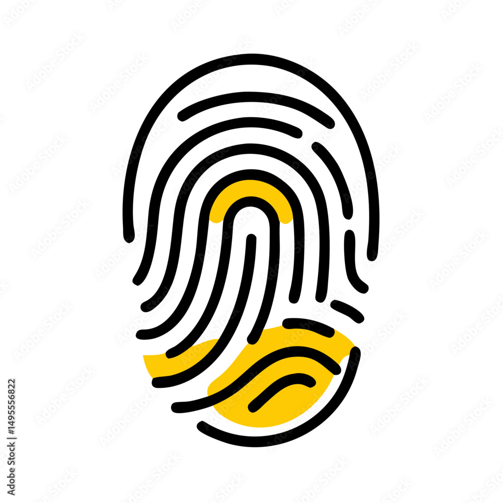 Poster stylized black outline of a fingerprint with yellow highlighting. could be used for security blogs o