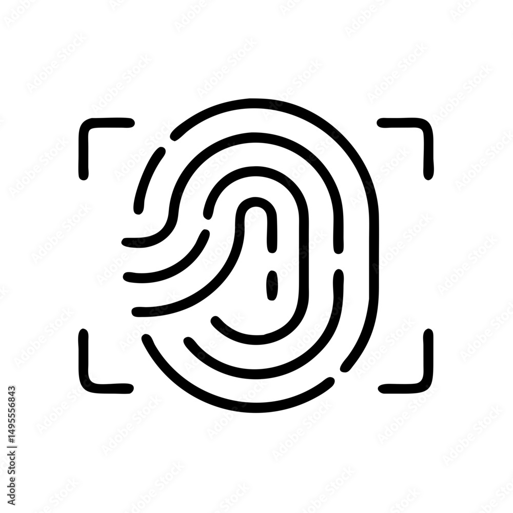 Poster black and white icon of a fingerprint being scanned within a bracketed area. useful for security blo