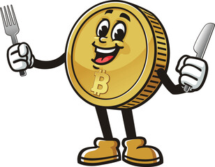 Bitcoin character cartoon holding fork and knife