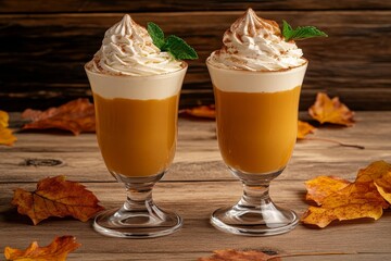 Two glasses of pumpkin dessert topped with whipped cream and spices.