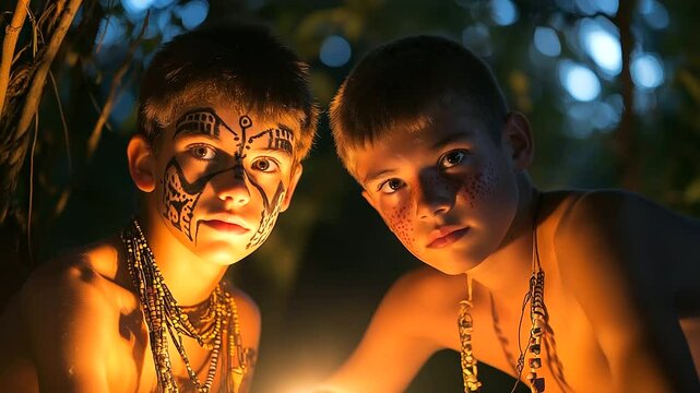 Twilight portrait of two boys under glowing village lantern, beaded necklaces catching light, tribal face paint symbolic of youth and identity