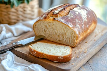 Loaf of golden white bread on tray