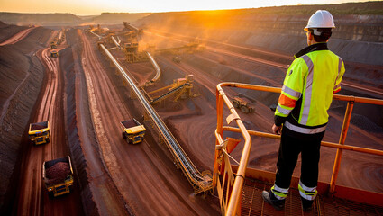 Wide-angle shot of a successful iron ore mining engineer overseeing operations in a massive open pit mine, under clear blue skies, industrial machinery in the background