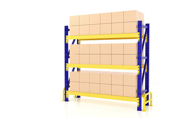 3D render of heavy-duty warehouse rack with cardboard boxes on three yellow shelves. Clean white background. Ideal for logistics, industrial storage, and shipping-related concepts.