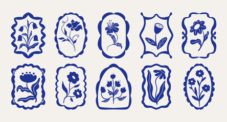 Blue floral frame illustration set. Geometric flower leaf shapes in  vintage frames, modern abstract blossom plant border elements for print. Vector botanical collection